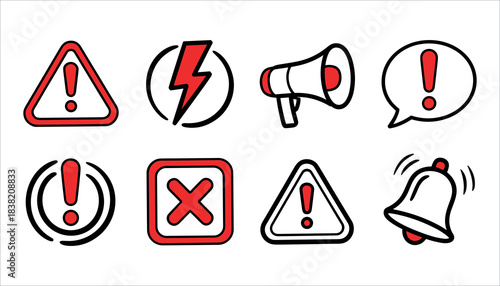 Set of eight red and black warning and notification icons including exclamation points in triangles and circles a lightning bolt a megaphone a speech bubble with an exclamation point a red