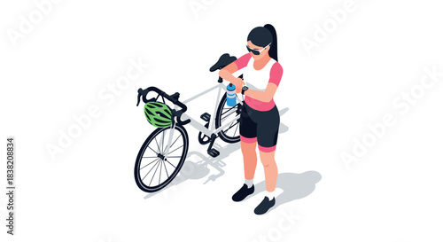 Cyclist preparing for ride with bicycle in isometric style