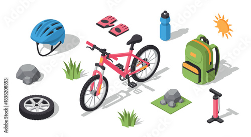 Isometric bicycle trip essentials with helmet, backpack, and accessories on white background