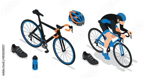 Isometric cycling gear and cyclist: modern equipment and sport outfit