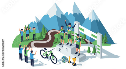 Mountain biking victory celebration in scenic mountain landscape with trophies and supporters