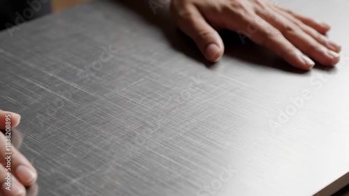 Wallpaper Mural Closeup of human hands gently sliding over a brushed metal surface, checking the smooth texture and quality of a stainless steel sheet in a modern workshop or kitchen setting. Torontodigital.ca