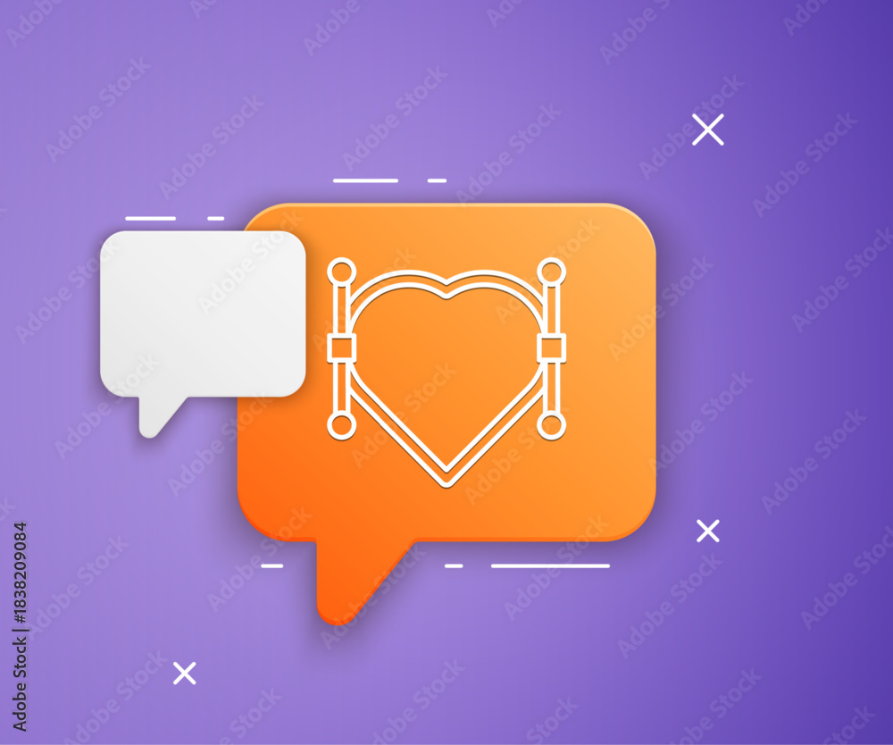 Fototapeta premium White Heart with Bezier curve icon isolated on purple background. Pen tool icon. Orange speech bubble symbol. Vector