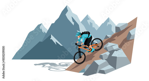 Mountain biker descending rocky slope against majestic peaks in modern flat art style
