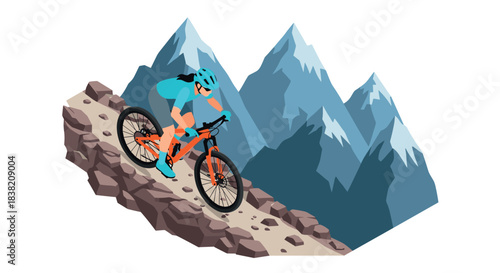 Mountain biking adventure in isometric style with snowy peaks