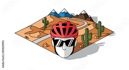Cyclist adventure in geometric desert landscape with mountains and cacti