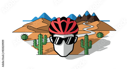Cyclist adventure in desert landscape with mountains and cacti