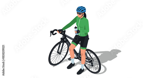 Cyclist resting with bicycle in isometric style wearing sports gear