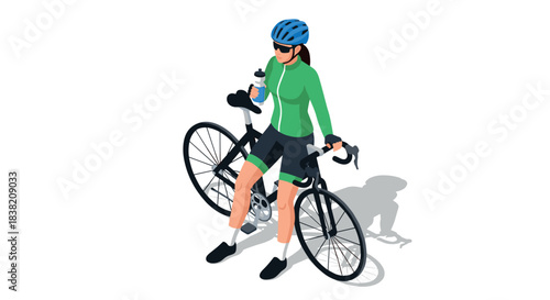 Cyclist in green gear taking a break with bicycle in isometric view