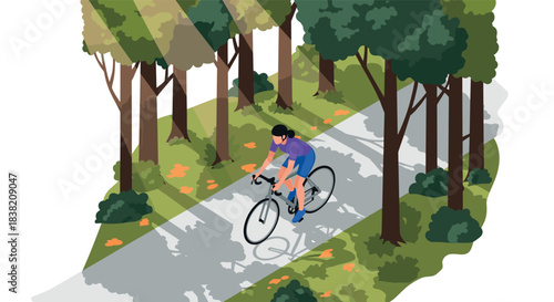 Cyclist enjoying a peaceful ride through a sunlit forest path in isometric style