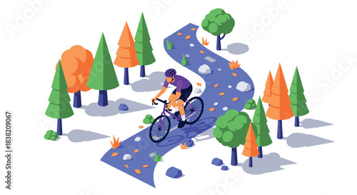 Isometric nature scene with cyclist on a winding path through colorful trees