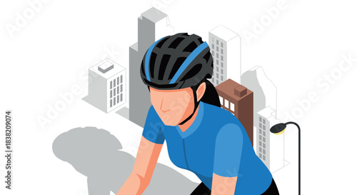 Urban cyclist in isometric style with cityscape background