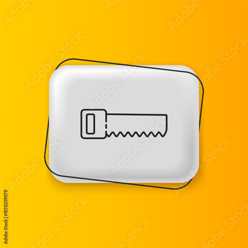 Black Hand saw icon isolated on yellow background. Silver rectangle button. Vector