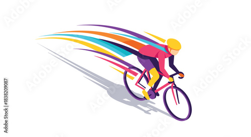 Dynamic cyclist with colorful trail racing in minimalist style