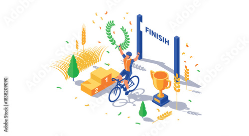 Cyclist celebrates victory at finish line with trophy in isometric design