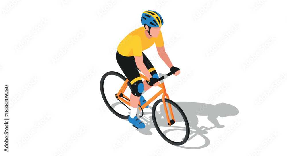 Fototapeta premium Isometric cyclist riding bicycle in yellow and blue gear
