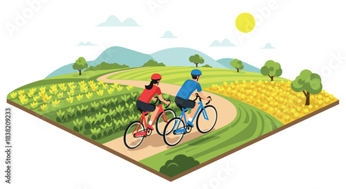 Cyclists enjoy a scenic path through lush countryside on a sunny day