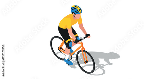 Isometric cyclist riding bicycle in yellow and blue gear