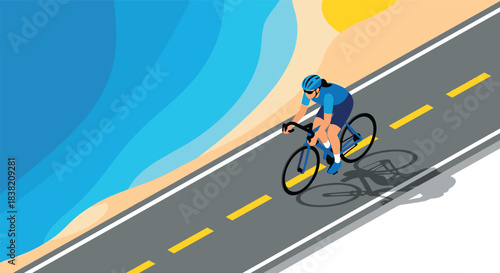 Cyclist enjoying coastal road with breathtaking ocean view in minimalist style