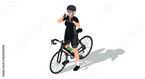 Cyclist giving thumbs up in modern isometric style with bicycle