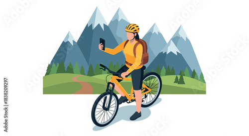 Cyclist taking selfie with majestic mountain landscape in background
