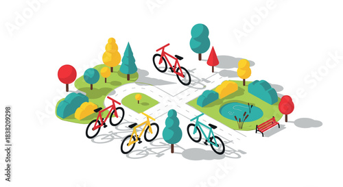 Colorful isometric park with bicycles and trees