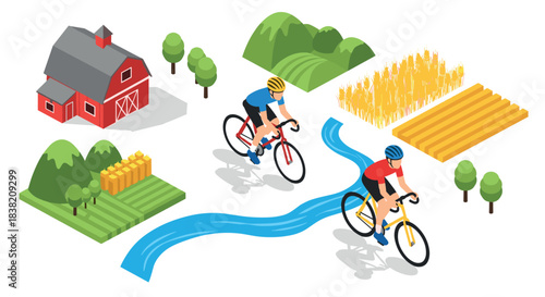 Cyclists enjoy scenic ride through countryside with farm and fields in isometric view