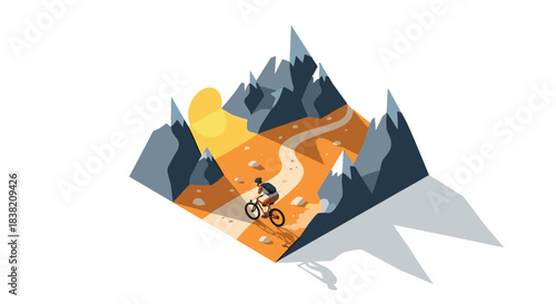 Mountain biking adventure in isometric landscape with sunlit path