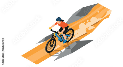 Isometric mountain biking adventure on rugged terrain