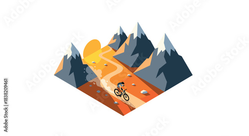 Cyclist on rocky mountain path at sunrise in isometric design