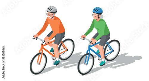 Isometric elderly cyclists enjoying outdoor exercise on bicycles with helmets