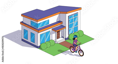 Modern family home with child cycling in colorful isometric design