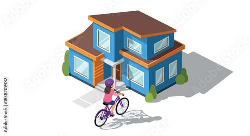 Isometric blue house with woman on bicycle in residential area