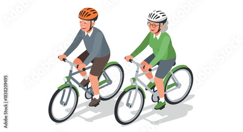 Seniors enjoying a leisurely bike ride in isometric style