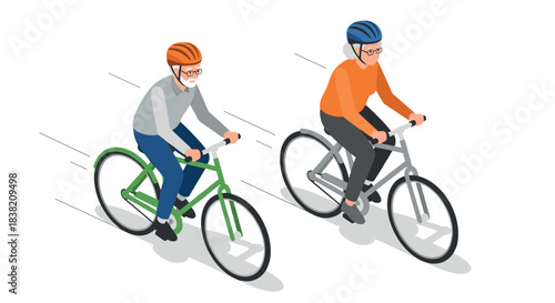Elderly cyclists enjoy outdoor exercise with safety gear in isometric style