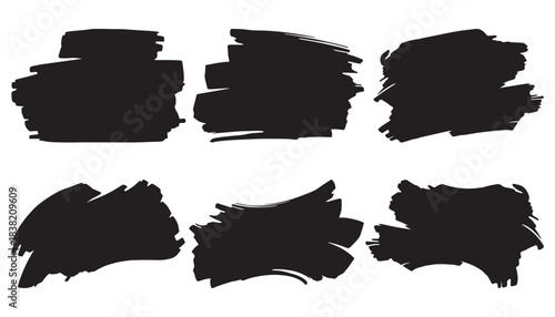 A vector illustration of a black abstract brush stroke grunge set, featuring ink texture, paint splashes, and calligraphy design elements.