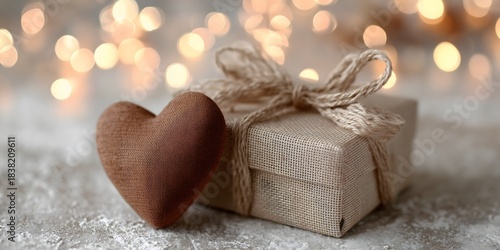 Gift box with heart shaped decoration on a table with lights in the background during a celebration or special occasion