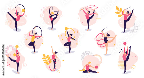 Elegant rhythmic gymnastics poses with abstract shapes and pastel accents