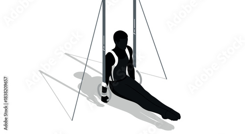 Isometric silhouette of gymnast performing on rings with shadow effect
