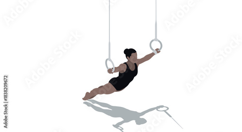 Gymnast on rings: dynamic flat silhouette on white background