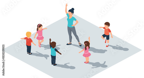 Isometric kids dance party with teacher in colorful playful setting