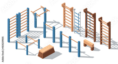 Isometric outdoor calisthenics bars and gym equipment on white background