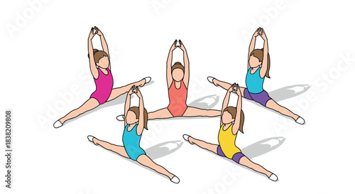 Young girls in gymnastics leotards performing splits in unison, dynamic dance pose