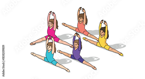 Colorful cartoon gymnasts stretching in synchrony for athletic performance
