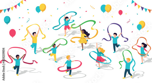 Joyful children playing with ribbons and balloons at a colorful outdoor festival