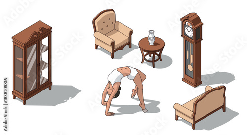 Woman practicing yoga bridge pose in cozy vintage living room with furniture