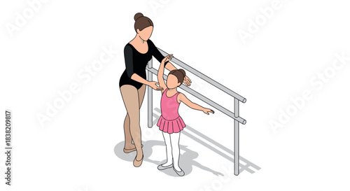 Ballet teacher and young student practicing at barre in isometric style