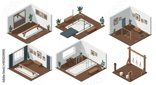 Isometric gymnastics training rooms with equipment in modern home setting