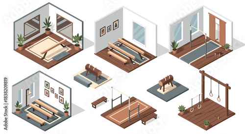 Isometric gymnastics rooms with equipment and modern interior design