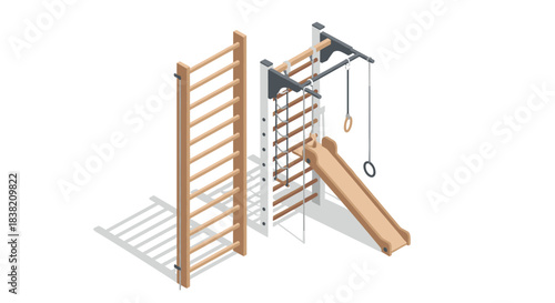 Isometric wooden indoor playground with wall bars and slide for kids